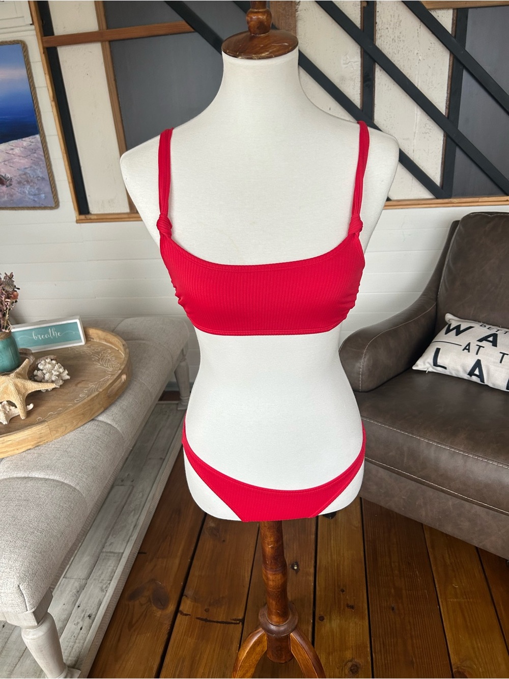 Red Ribbed Bikini Set